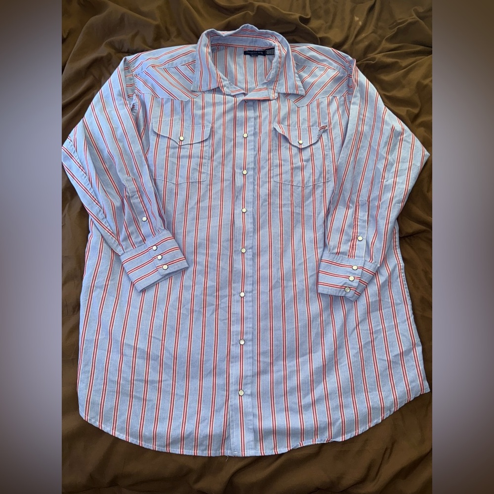 Panhandle Slim Blue and Red Striped Pearl Snap Shirt